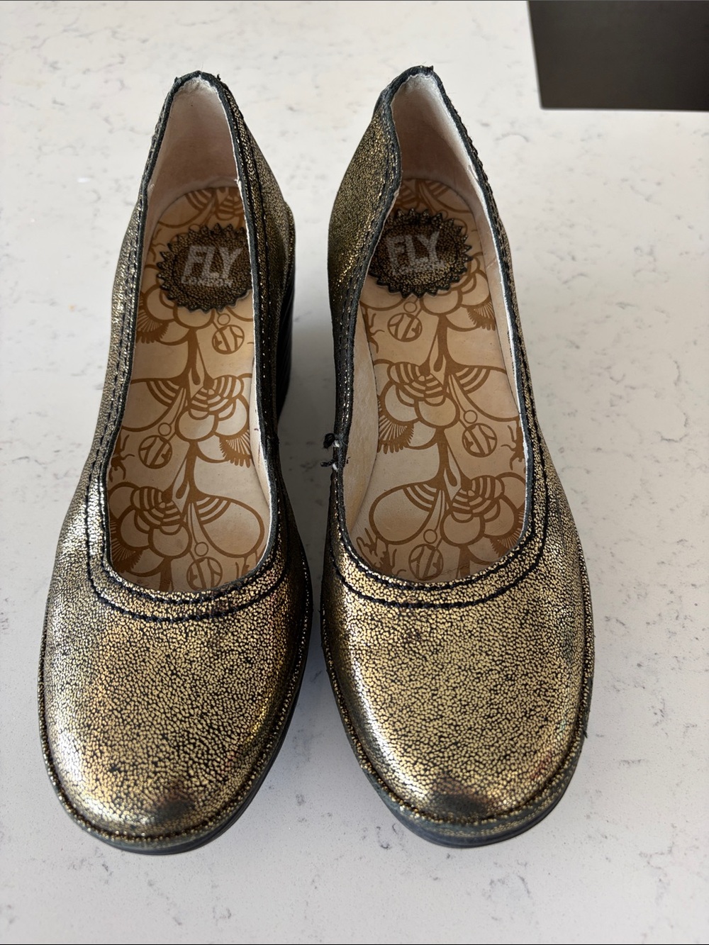 Fly London Metallic Gold Rounded Ballet Flats